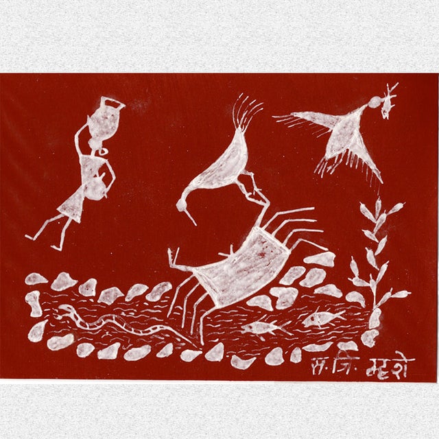 ワルリー画　原画　額付き　インド　絵画　原住民 ワルリー画原画額付きインド絵画原住民 ミティラー画(原画) インド